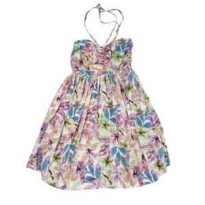 NEW Roxy Floral Halter Sundress Smocked Back Tropical Viscose Mini Dress SMALL
